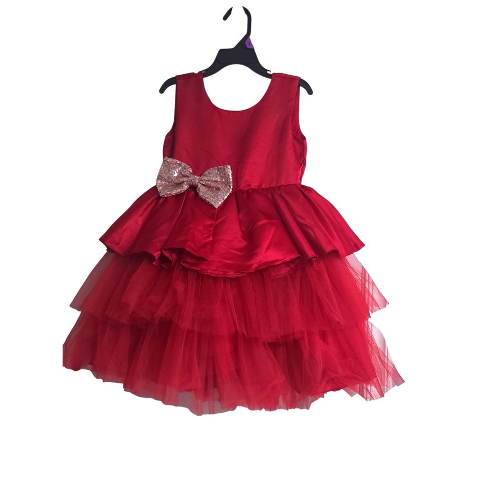 NNJXD Girls Red Tulle‎ Party Dress Sequin Bow Tiered Formal Size 6-7 120 Holiday